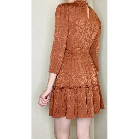 Madewell Brown Tan Animal Printed Mock Neck Ruffle Hem Mini Dress - Picture 4 of 8
